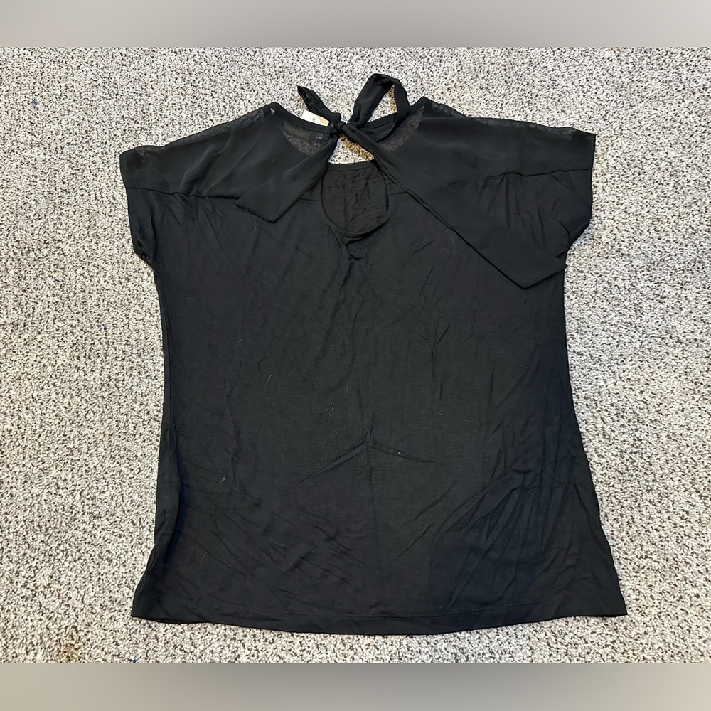THE LIMITED M Black Jersey Top Chiffon Sheer Shoulder Neck Tie R $35 - Picture 9 of 11